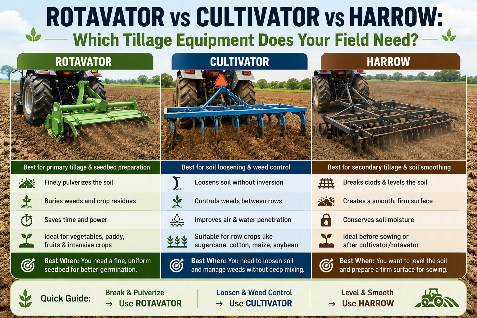 Rotavator vs Cultivator vs Harrow: Which Tillage Equipment Does Your Field Need?