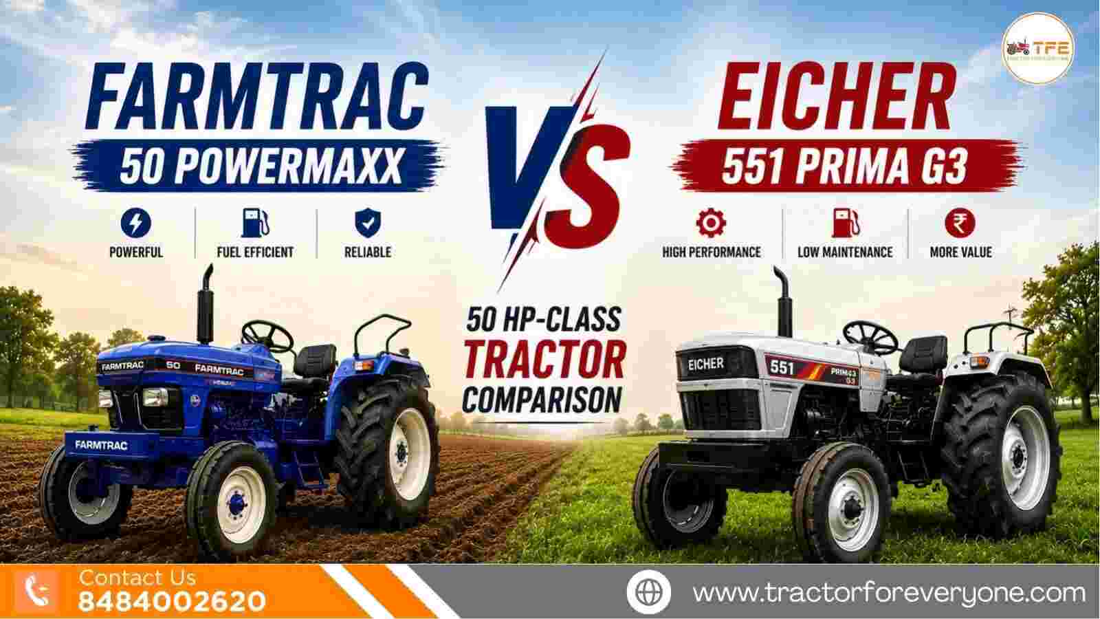 Farmtrac 50 Powermaxx vs Eicher 551 Prima G3: 50 HP-Class Tractor Comparison