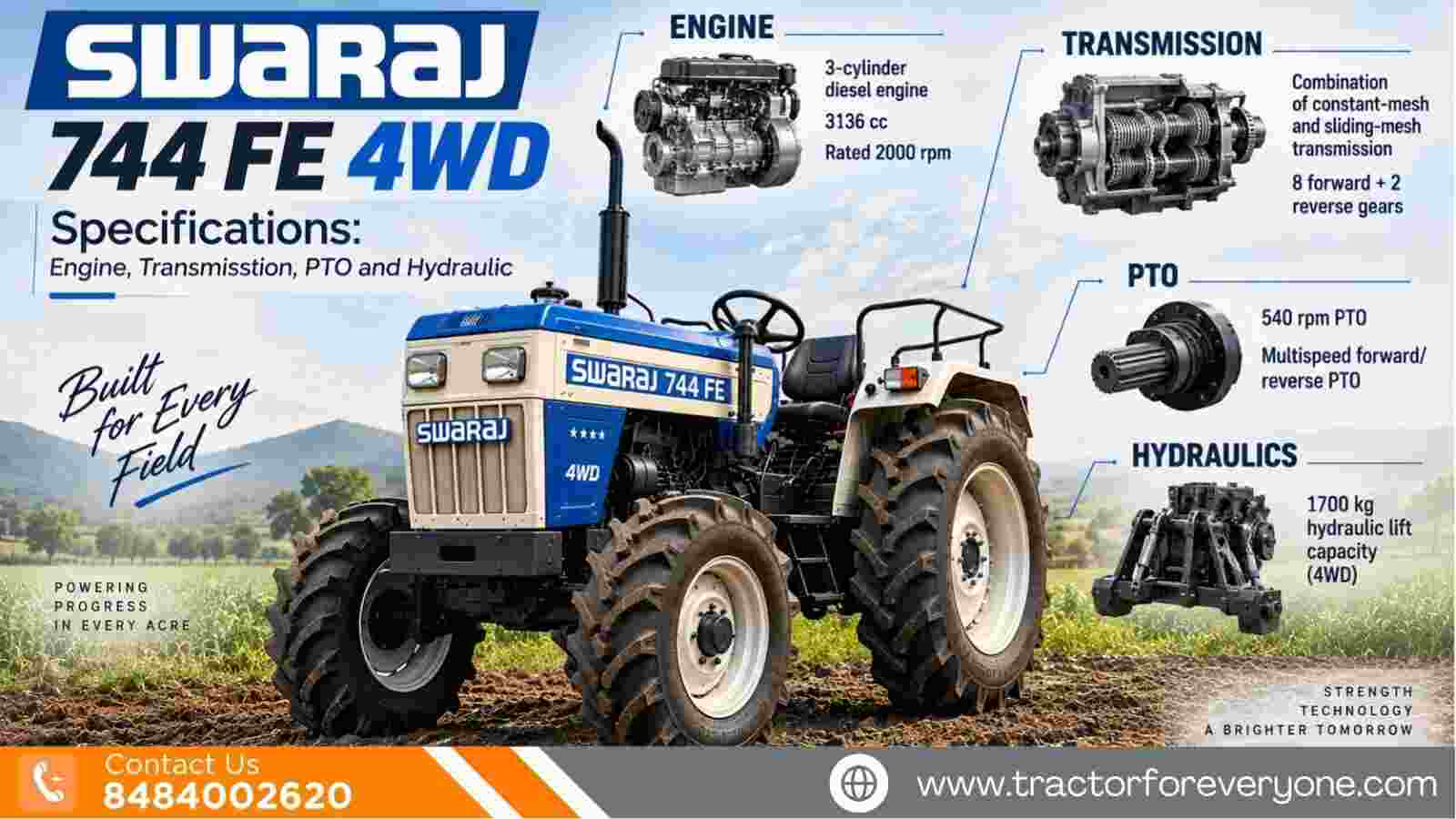 Swaraj 744 FE 4WD Specifications: Engine, Transmission, PTO and Hydraulic
