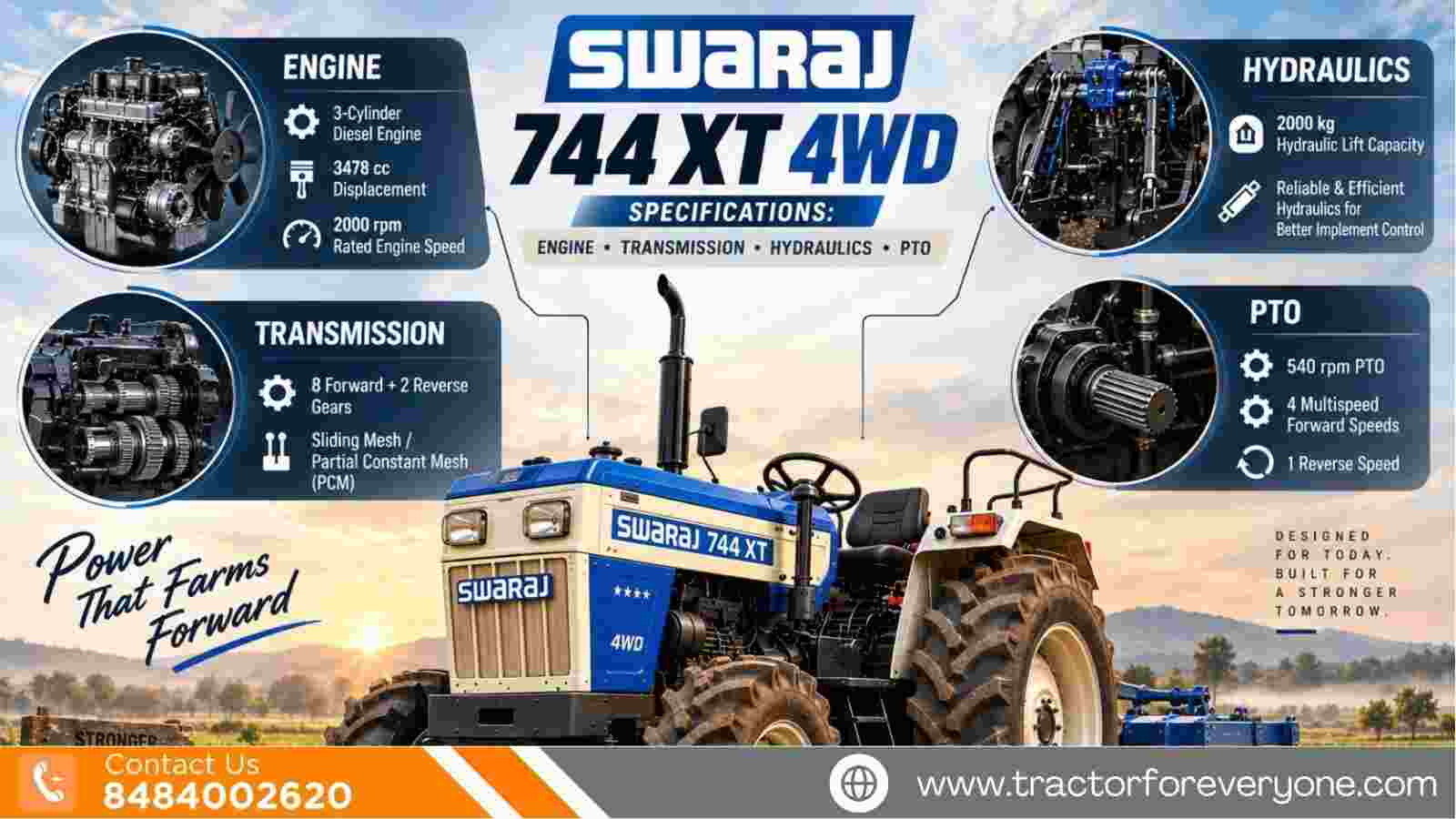Swaraj 744 XT 4WD Specifications: Engine, Transmission, Hydraulics and PTO